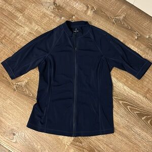 Lands’ End women’s zip up rashguard navy blue swim shirt medium 10-12